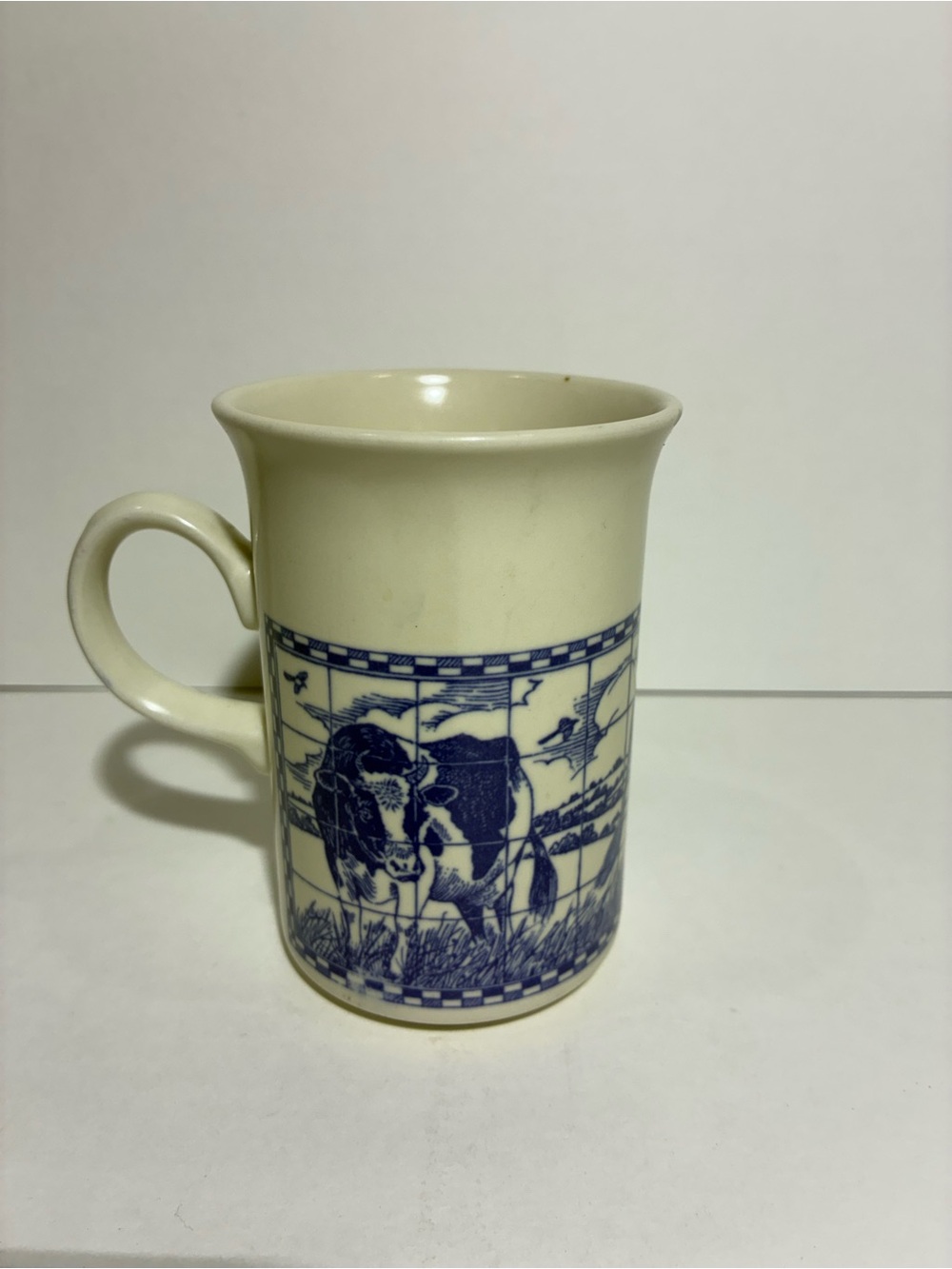 Vintage Churchill England Cow Mug Blue White Transferware Farmhouse Stoneware